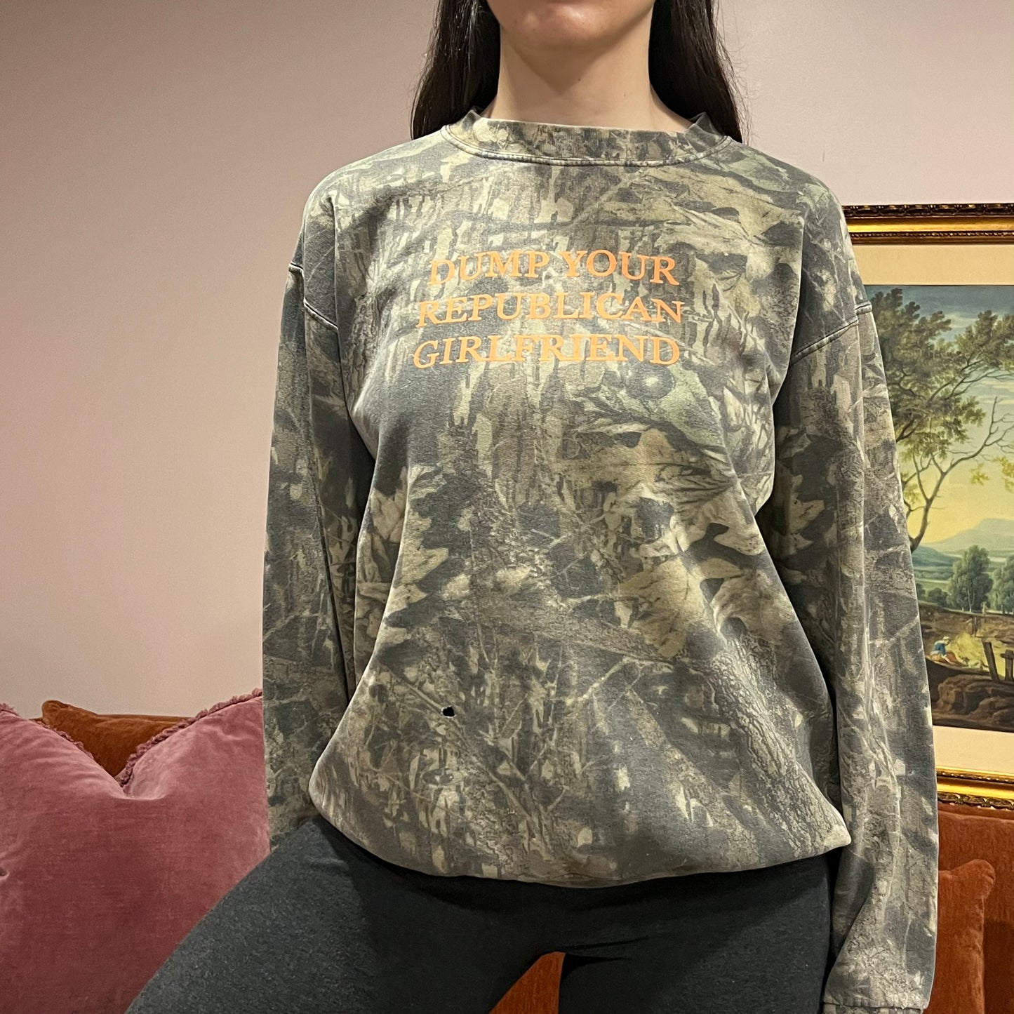 DUMP YOUR REPUBLICAN GIRLFRIEND camo crewneck with orange text (L)