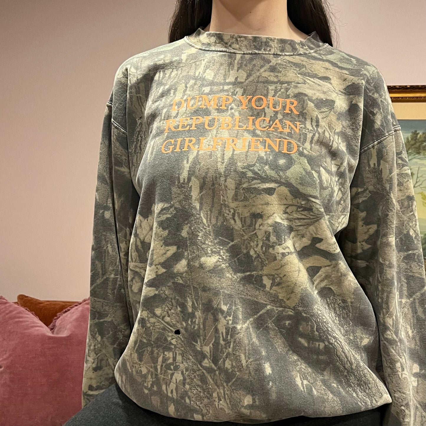 DUMP YOUR REPUBLICAN GIRLFRIEND camo crewneck with orange text (L)