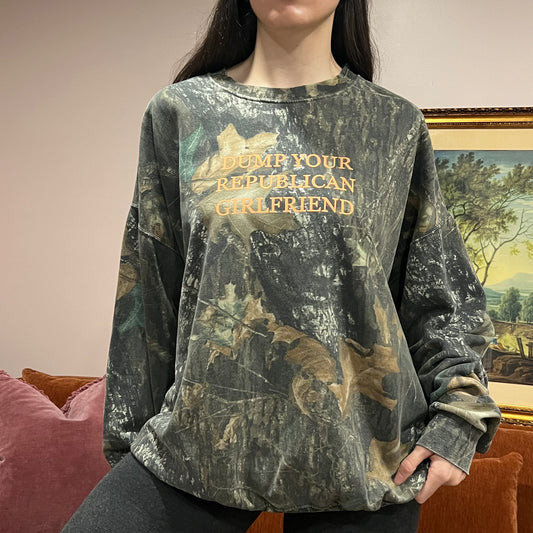 DUMP YOUR REPUBLICAN GIRLFRIEND camo crewneck with orange text (4XL)