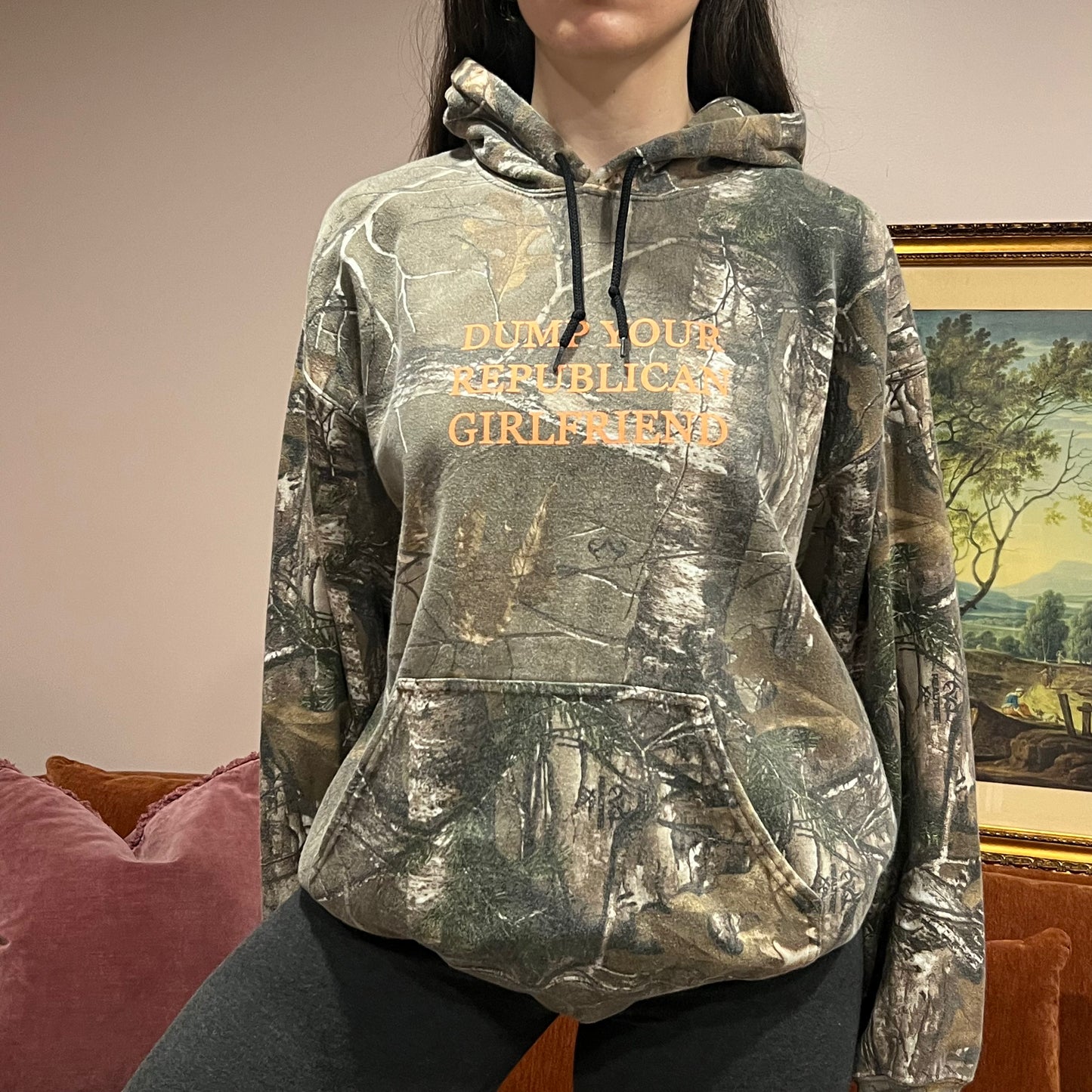 DUMP YOUR REPUBLICAN GIRLFRIEND camo hoodie with orange text (L)