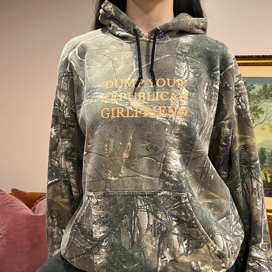 DUMP YOUR REPUBLICAN GIRLFRIEND camo hoodie with orange text (L)