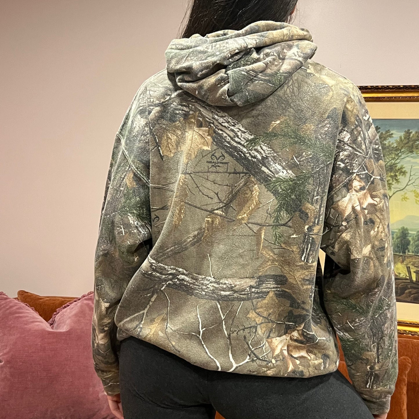 DUMP YOUR REPUBLICAN GIRLFRIEND camo hoodie with orange text (L)