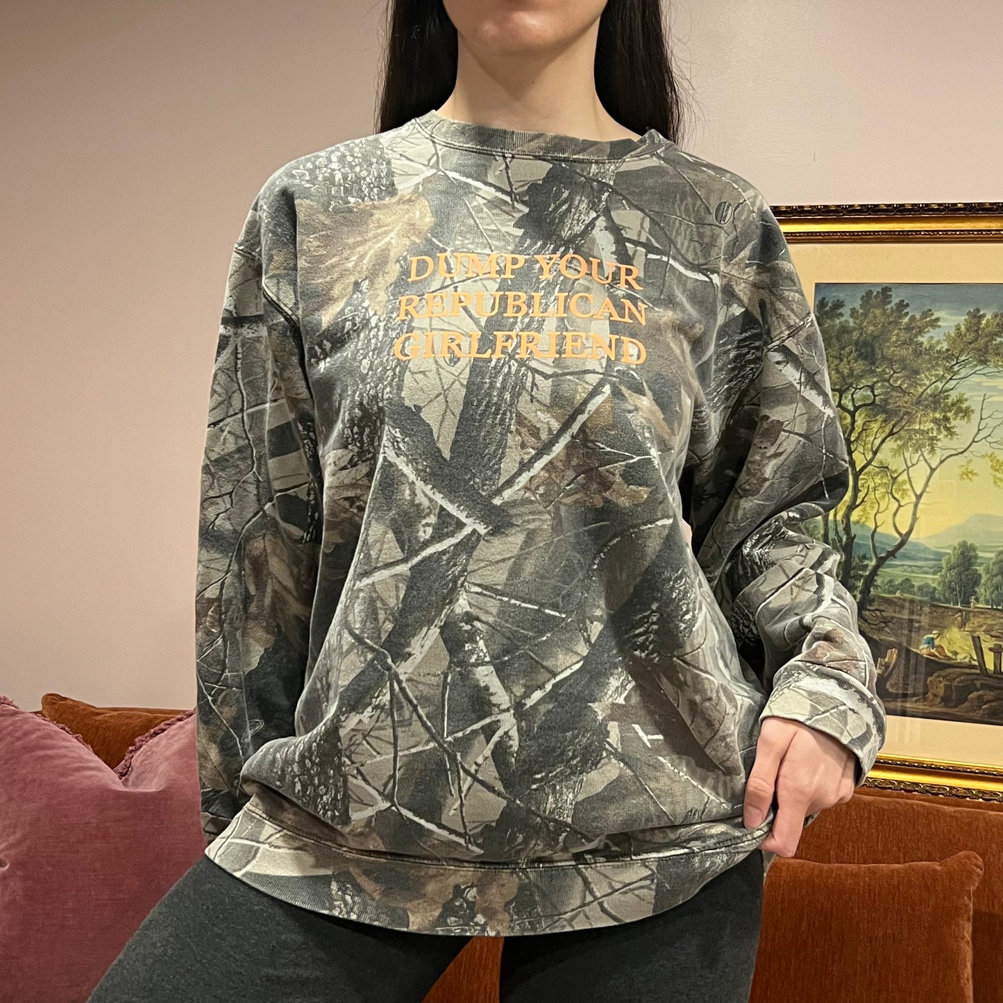 DUMP YOUR REPUBLICAN GIRLFRIEND camo crewneck with orange text (XL/2XL)