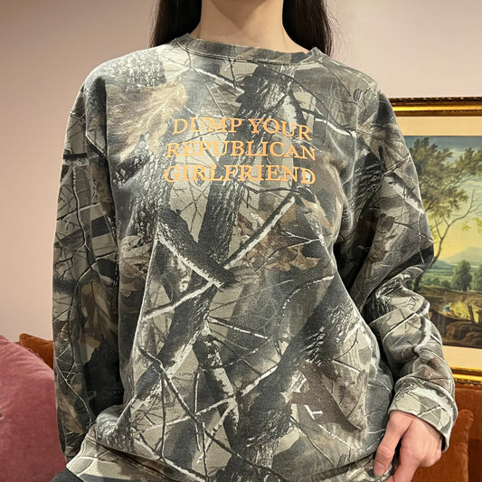 DUMP YOUR REPUBLICAN GIRLFRIEND camo crewneck with orange text (XL/2XL)