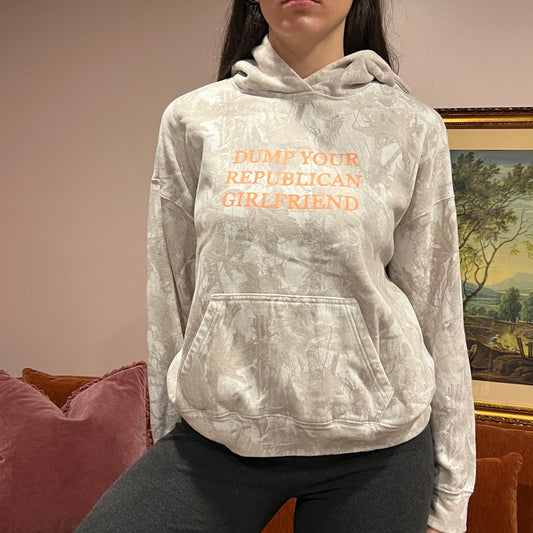 DUMP YOUR REPUBLICAN GIRLFRIEND white camo hoodie with orange text (XS)