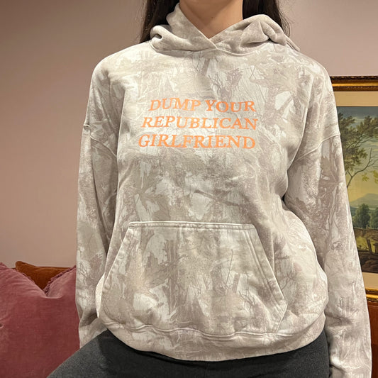 DUMP YOUR REPUBLICAN GIRLFRIEND white camo hoodie with orange text (XS)