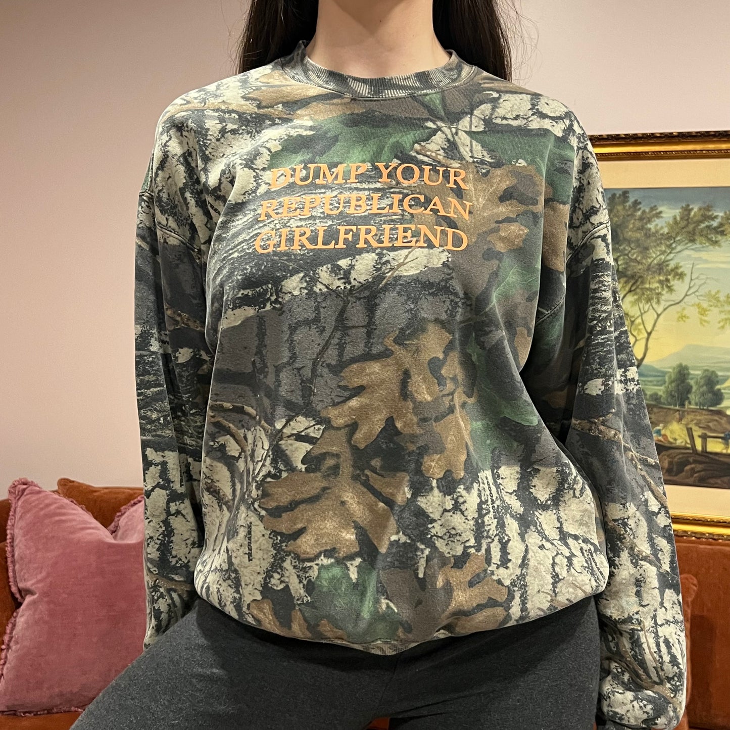 DUMP YOUR REPUBLICAN GIRLFRIEND camo crewneck with orange text (L)
