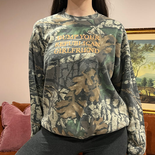 DUMP YOUR REPUBLICAN GIRLFRIEND camo crewneck with orange text (L)