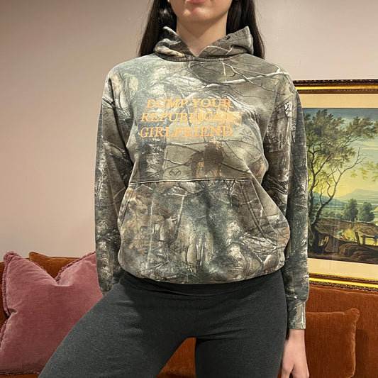 DUMP YOUR REPUBLICAN GIRLFRIEND camo hoodie with orange text (S)