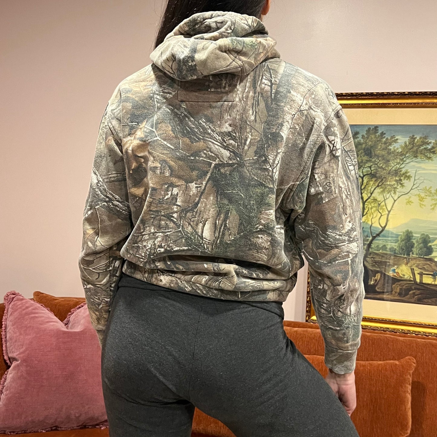 DUMP YOUR REPUBLICAN GIRLFRIEND camo hoodie with orange text (S)