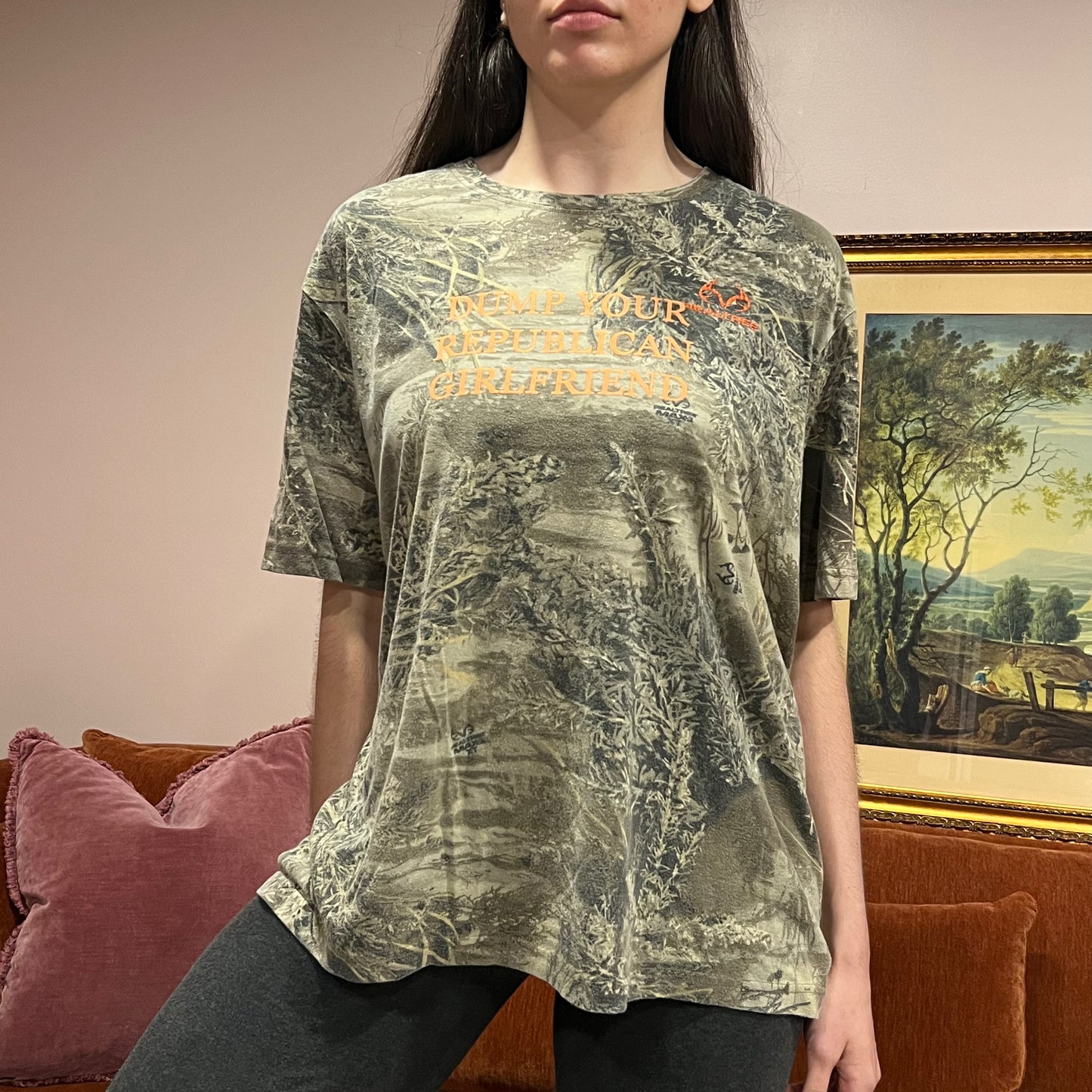 DUMP YOUR REPUBLICAN GIRLFRIEND camo t-shirt with orange text (XL)