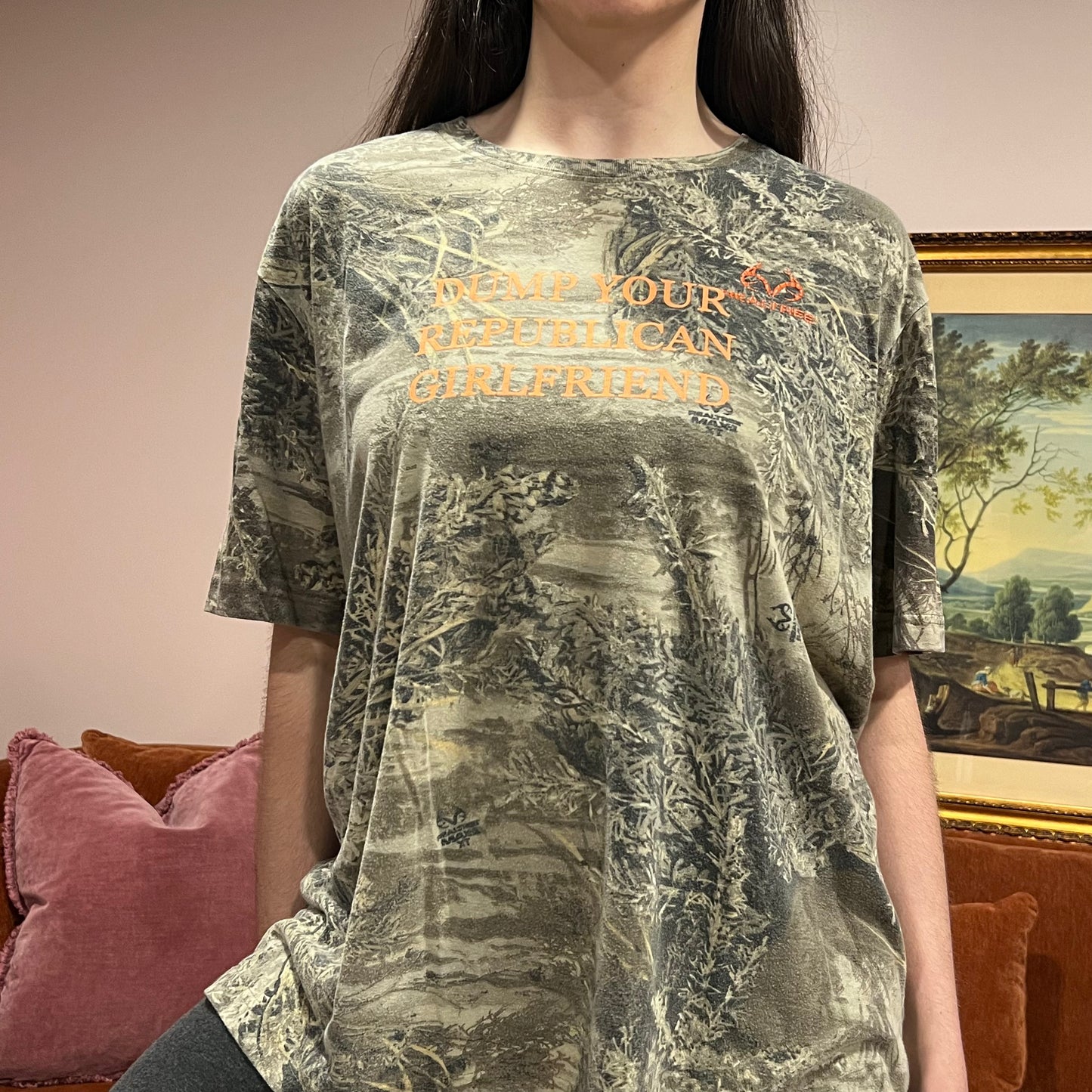 DUMP YOUR REPUBLICAN GIRLFRIEND camo t-shirt with orange text (XL)