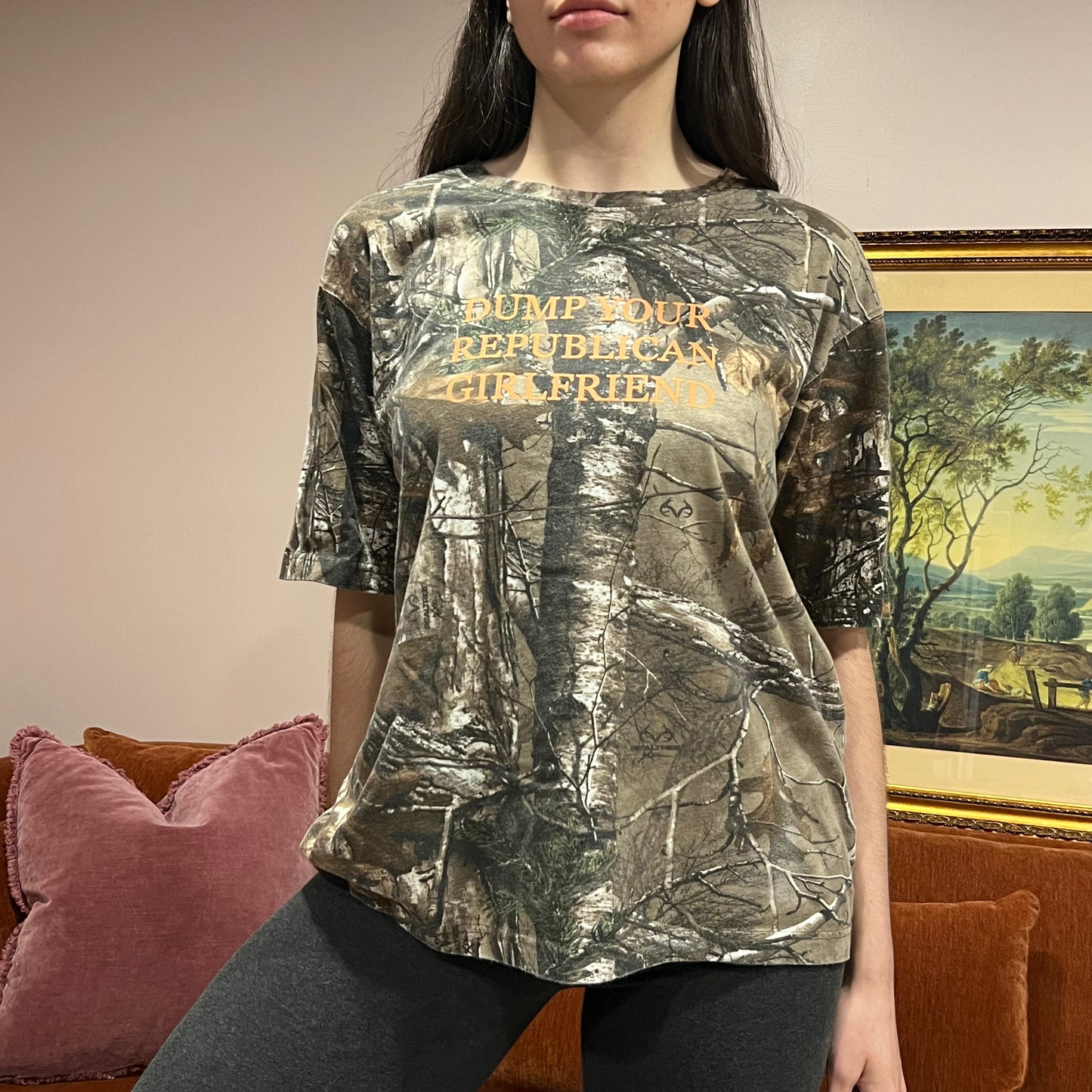 DUMP YOUR REPUBLICAN GIRLFRIEND camo t-shirt with orange text (L)