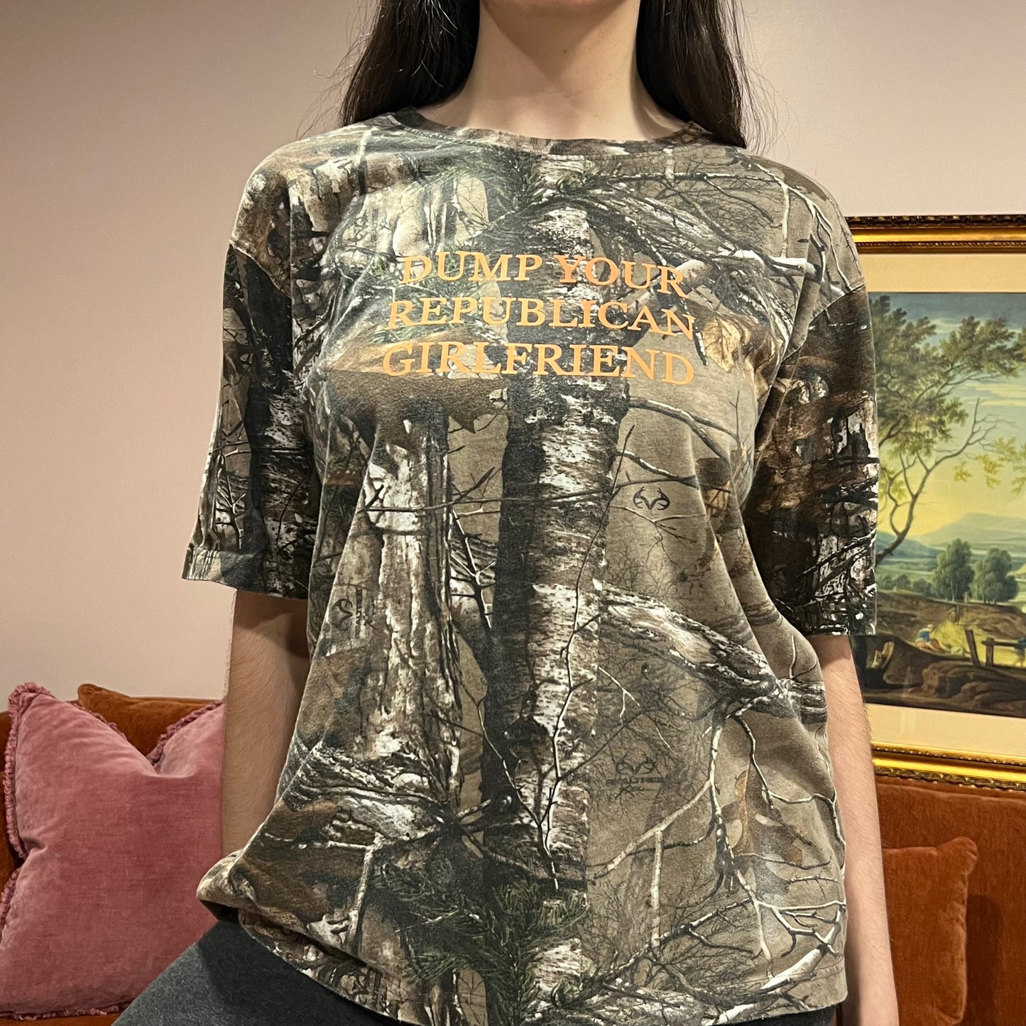 DUMP YOUR REPUBLICAN GIRLFRIEND camo t-shirt with orange text (L)