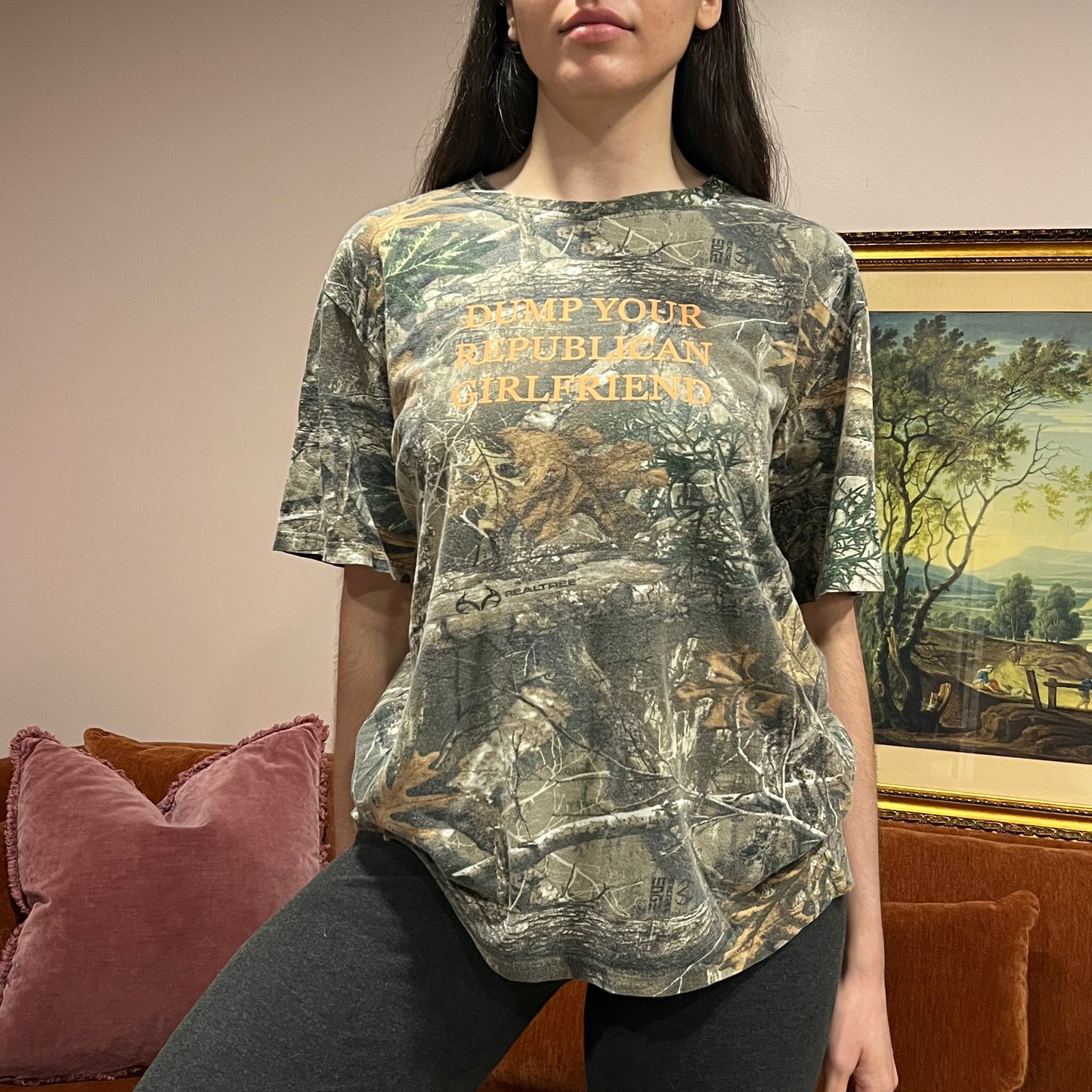 DUMP YOUR REPUBLICAN GIRLFRIEND camo t-shirt with orange text (L)