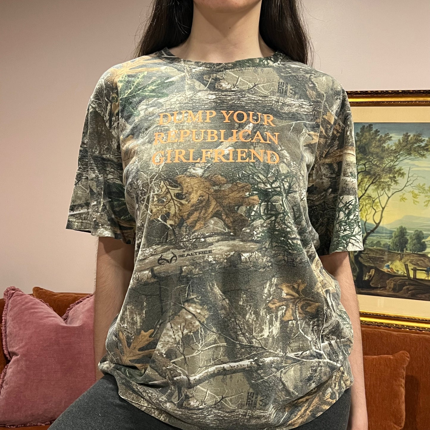 DUMP YOUR REPUBLICAN GIRLFRIEND camo t-shirt with orange text (L)