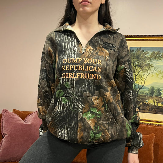 DUMP YOUR REPUBLICAN GIRLFRIEND camo zip-up with orange text (XL)