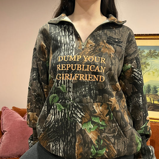 DUMP YOUR REPUBLICAN GIRLFRIEND camo zip-up with orange text (XL)