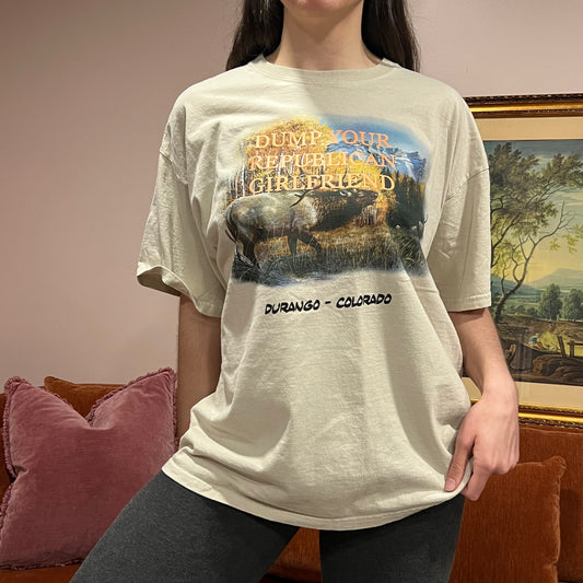 DUMP YOUR REPUBLICAN GIRLFRIEND moose t-shirt with orange text (XL)