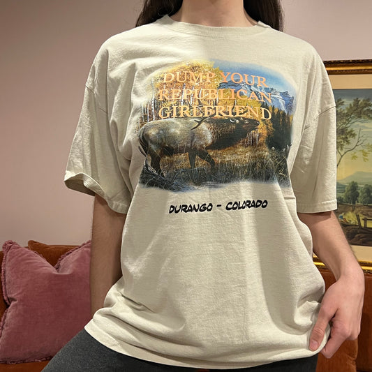 DUMP YOUR REPUBLICAN GIRLFRIEND moose t-shirt with orange text (XL)