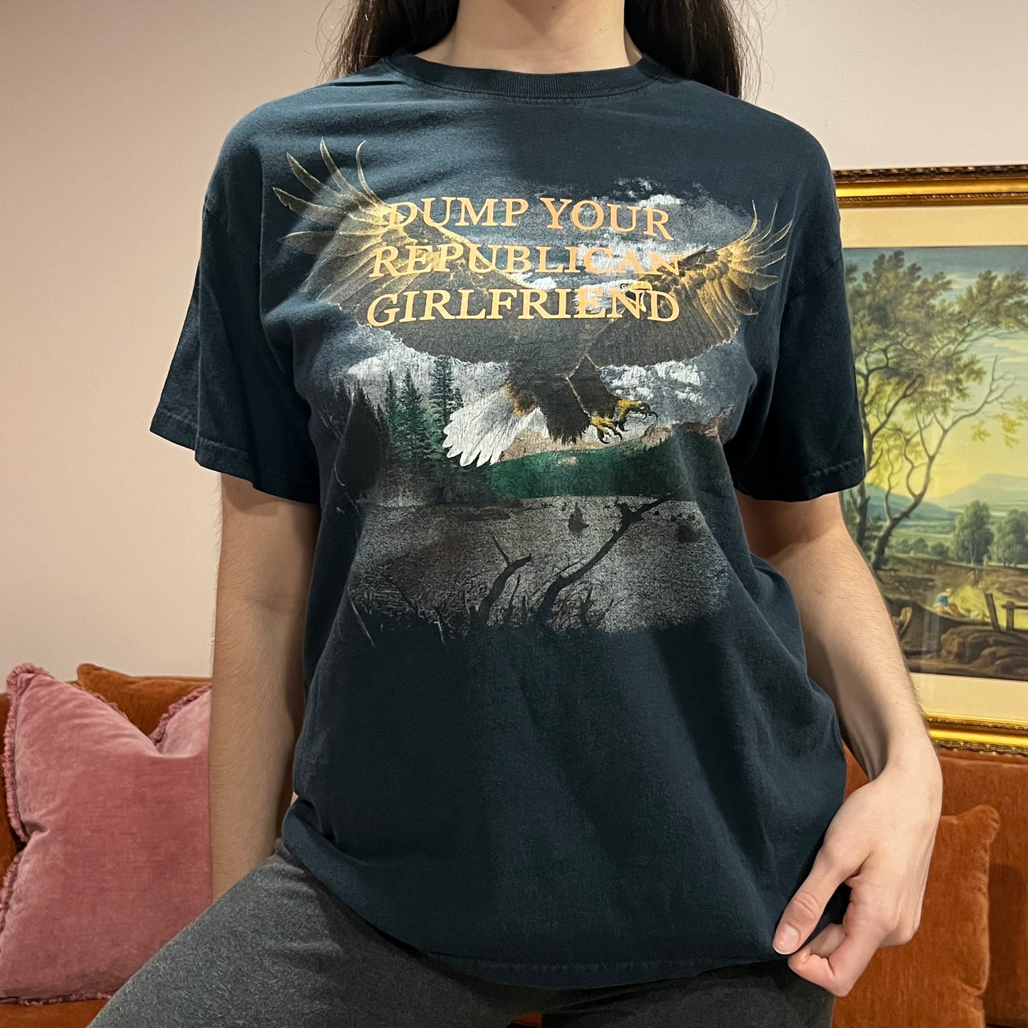 DUMP YOUR REPUBLICAN GIRLFRIEND eagle t-shirt with orange text (M)