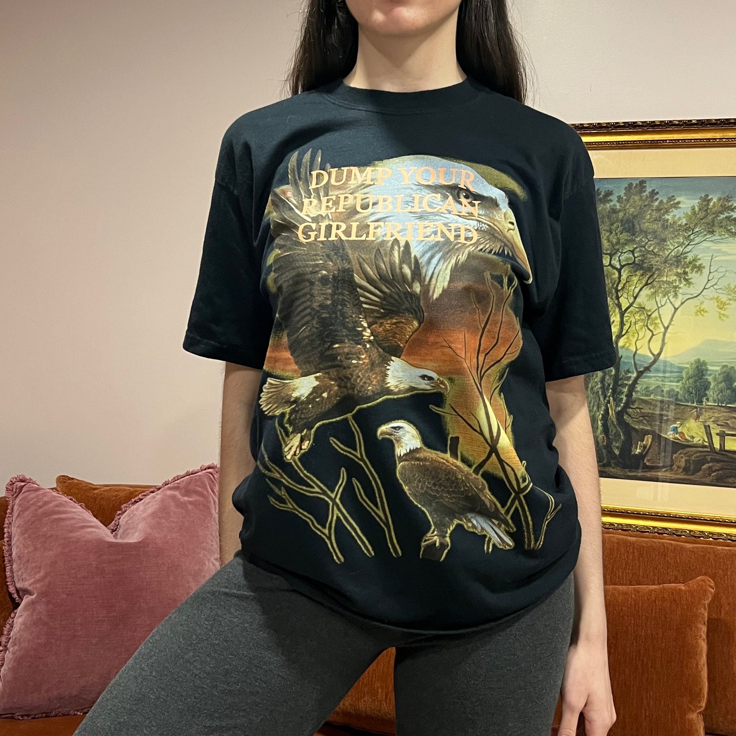 DUMP YOUR REPUBLICAN GIRLFRIEND eagle t-shirt with orange text (L)