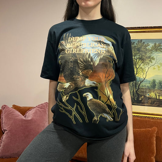 DUMP YOUR REPUBLICAN GIRLFRIEND eagle t-shirt with orange text (L)