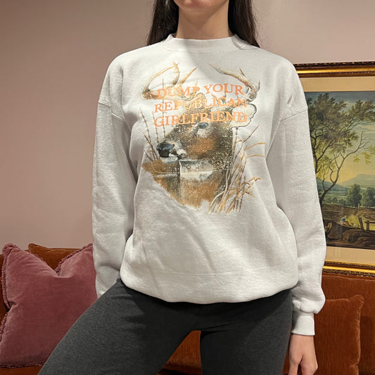 DUMP YOUR REPUBLICAN GIRLFRIEND deer crewneck with orange text (L)