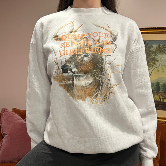 DUMP YOUR REPUBLICAN GIRLFRIEND deer crewneck with orange text (L)