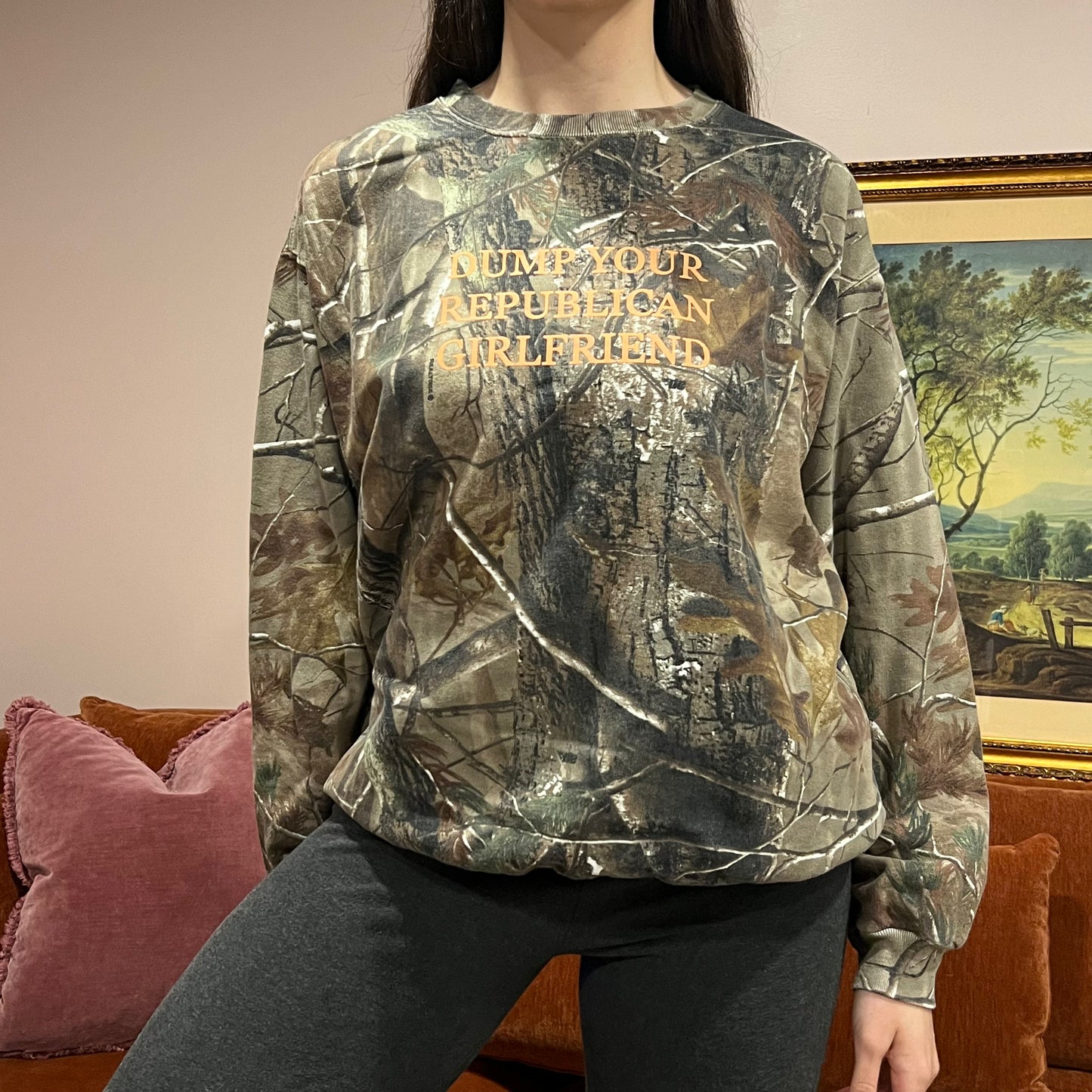 DUMP YOUR REPUBLICAN GIRLFRIEND camo crewneck with orange text (L)