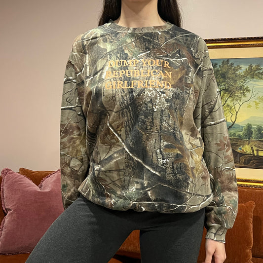 DUMP YOUR REPUBLICAN GIRLFRIEND camo crewneck with orange text (L)