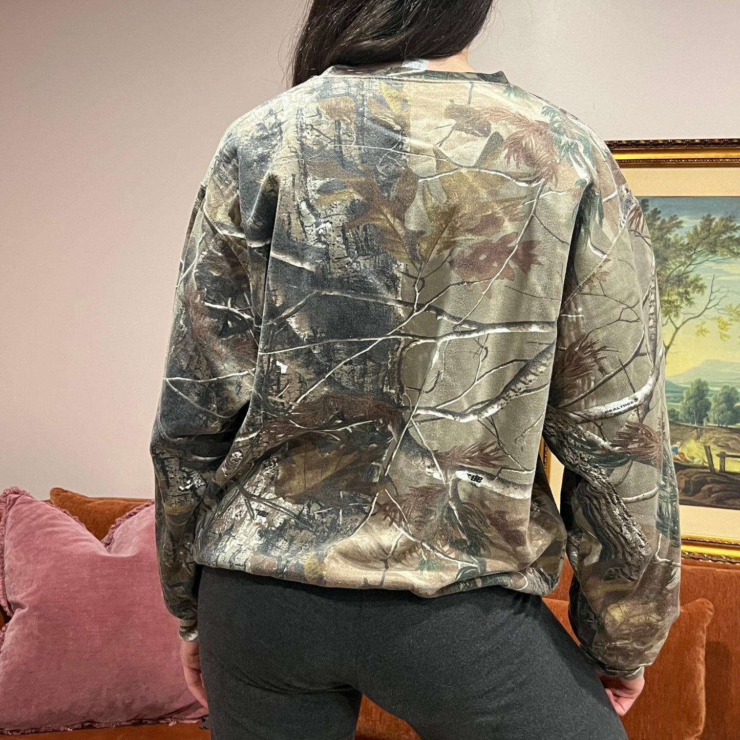 DUMP YOUR REPUBLICAN GIRLFRIEND camo crewneck with orange text (L)