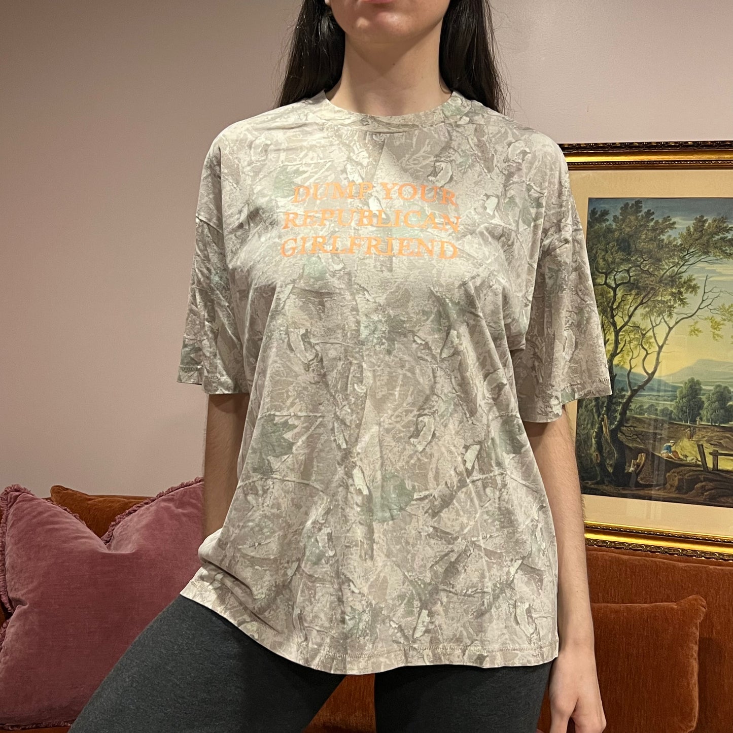 DUMP YOUR REPUBLICAN GIRLFRIEND camo t-shirt with orange text (L)