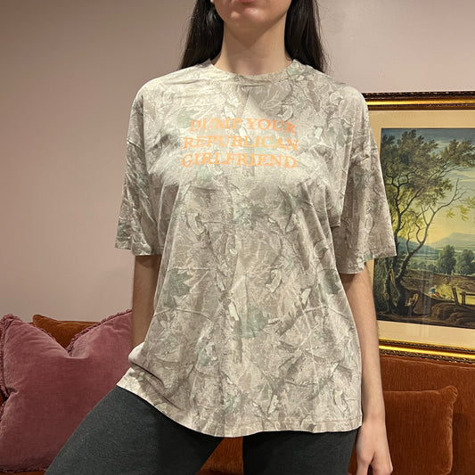 DUMP YOUR REPUBLICAN GIRLFRIEND camo t-shirt with orange text (L)