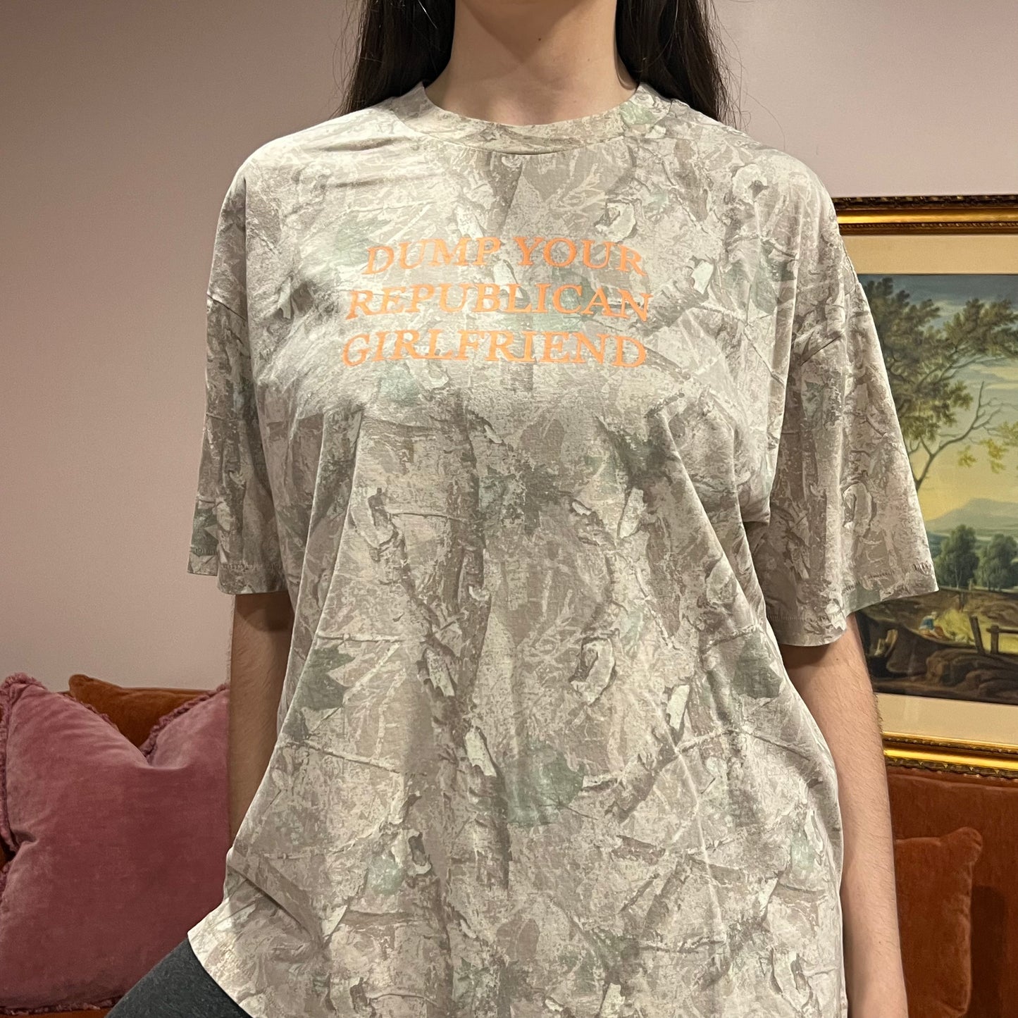 DUMP YOUR REPUBLICAN GIRLFRIEND camo t-shirt with orange text (L)