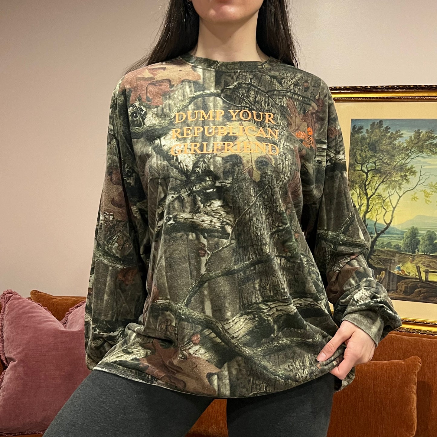 DUMP YOUR REPUBLICAN GIRLFRIEND camo long sleeve t-shirt with orange text (2XL)
