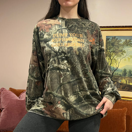 DUMP YOUR REPUBLICAN GIRLFRIEND camo long sleeve t-shirt with orange text (2XL)
