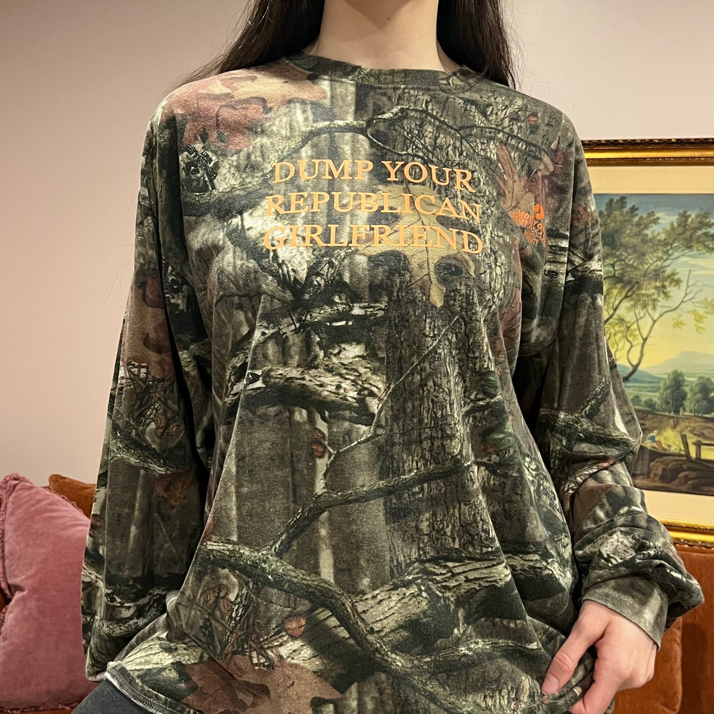 DUMP YOUR REPUBLICAN GIRLFRIEND camo long sleeve t-shirt with orange text (2XL)
