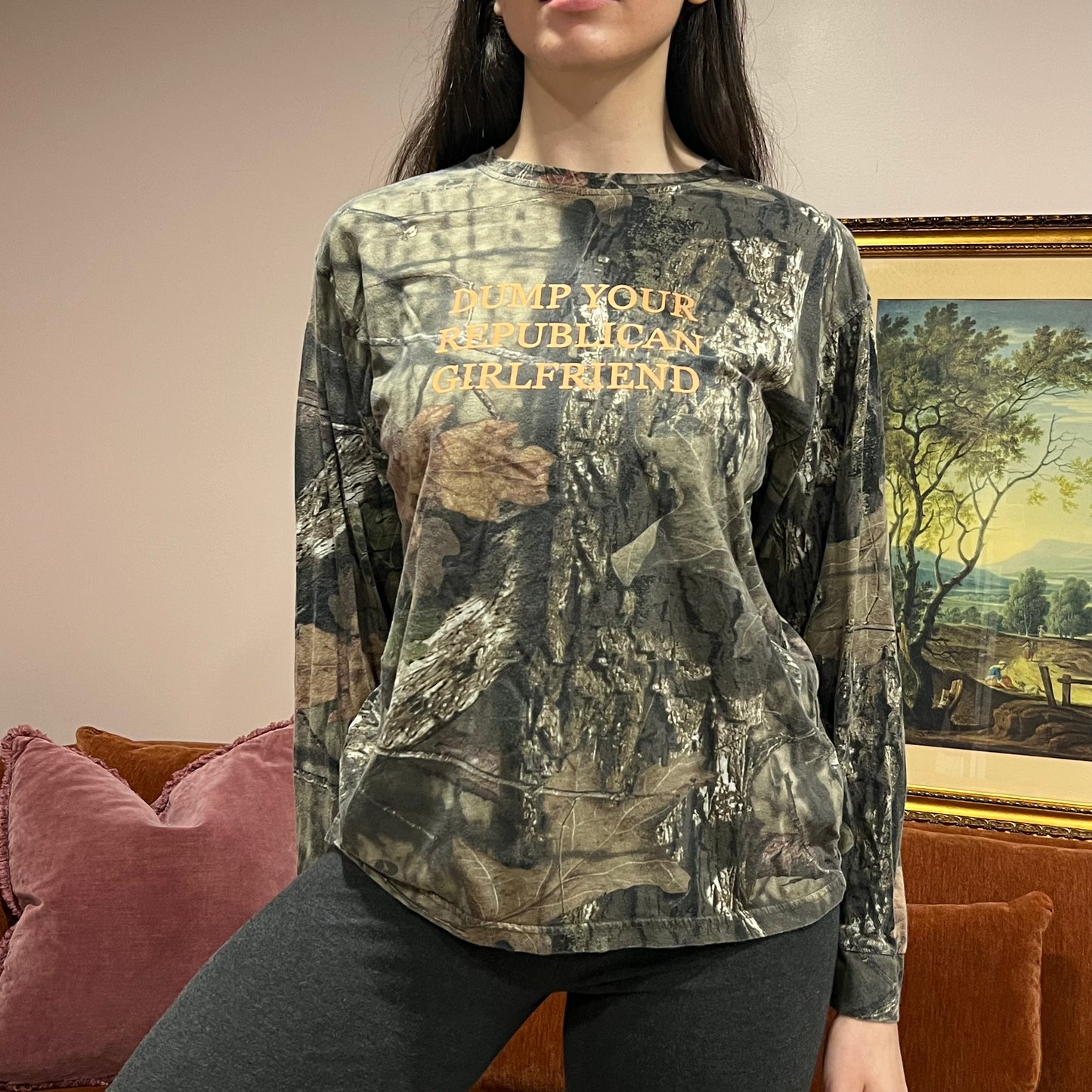 DUMP YOUR REPUBLICAN GIRLFRIEND camo long sleeve t-shirt with orange text (L)