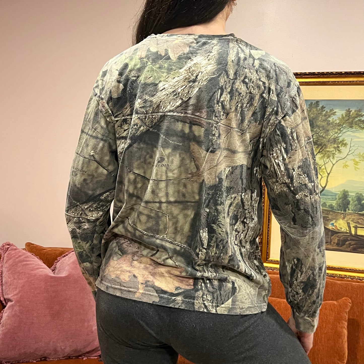 DUMP YOUR REPUBLICAN GIRLFRIEND camo long sleeve t-shirt with orange text (L)