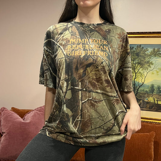 DUMP YOUR REPUBLICAN GIRLFRIEND camo t-shirt with orange text (2XL)
