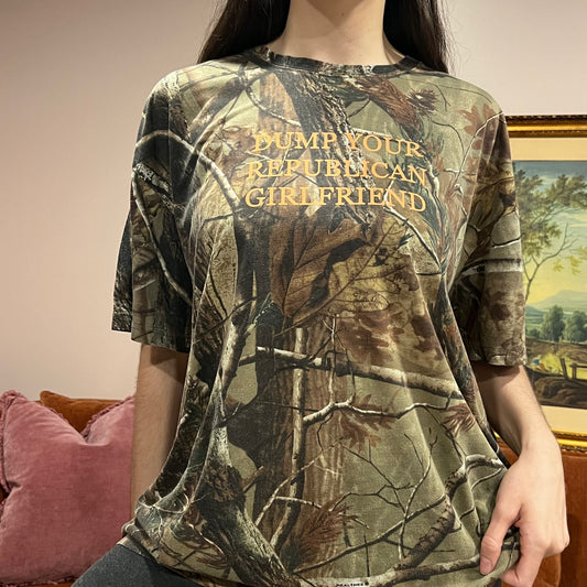 DUMP YOUR REPUBLICAN GIRLFRIEND camo t-shirt with orange text (2XL)