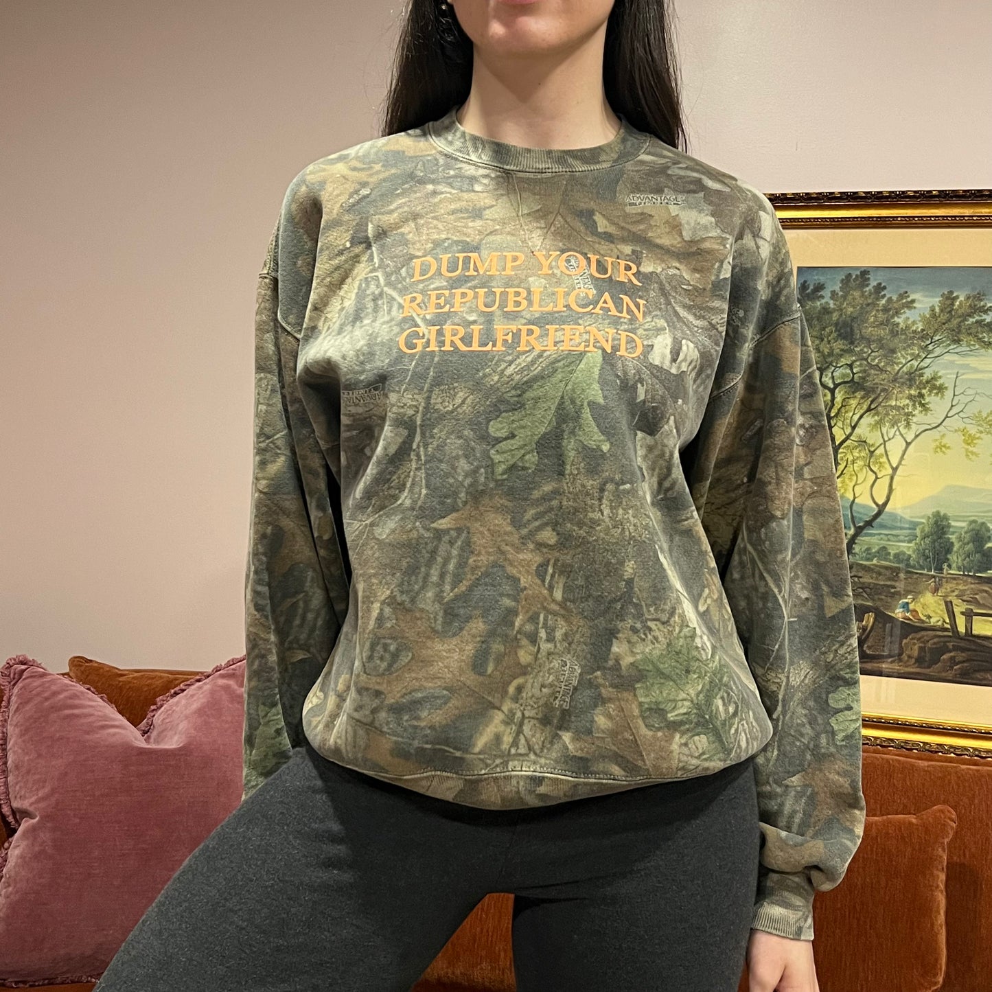 DUMP YOUR REPUBLICAN GIRLFRIEND camo crewneck with orange text (L)