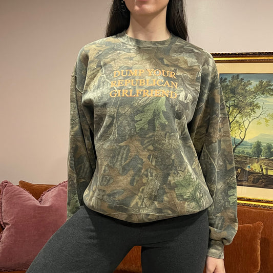 DUMP YOUR REPUBLICAN GIRLFRIEND camo crewneck with orange text (L)