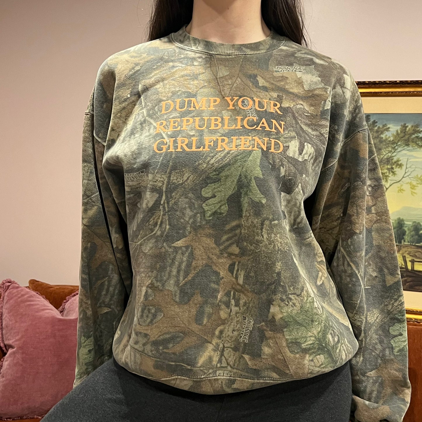 DUMP YOUR REPUBLICAN GIRLFRIEND camo crewneck with orange text (L)