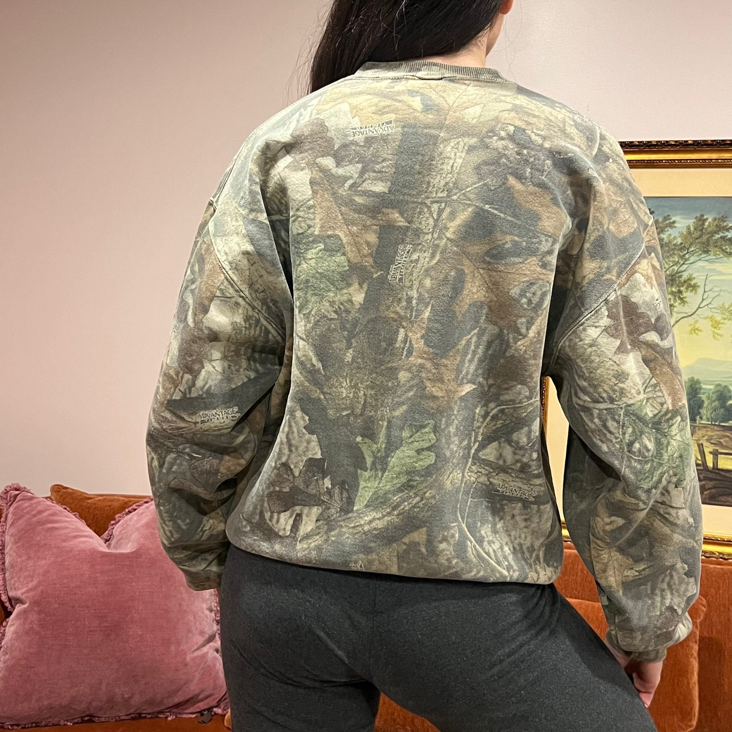 DUMP YOUR REPUBLICAN GIRLFRIEND camo crewneck with orange text (L)