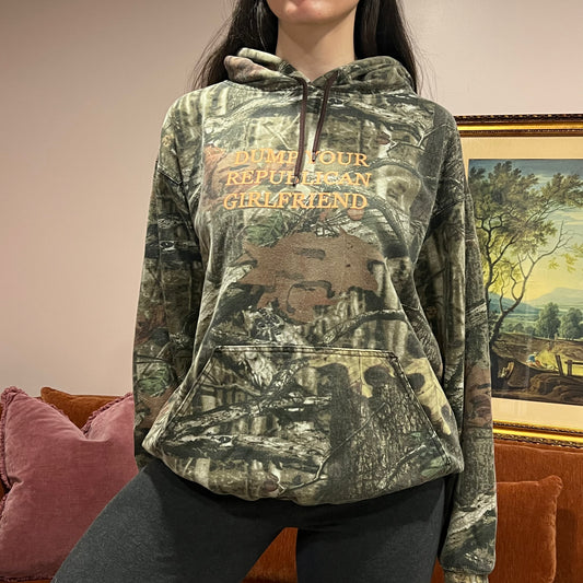 DUMP YOUR REPUBLICAN GIRLFRIEND camo hoodie with orange text (L)