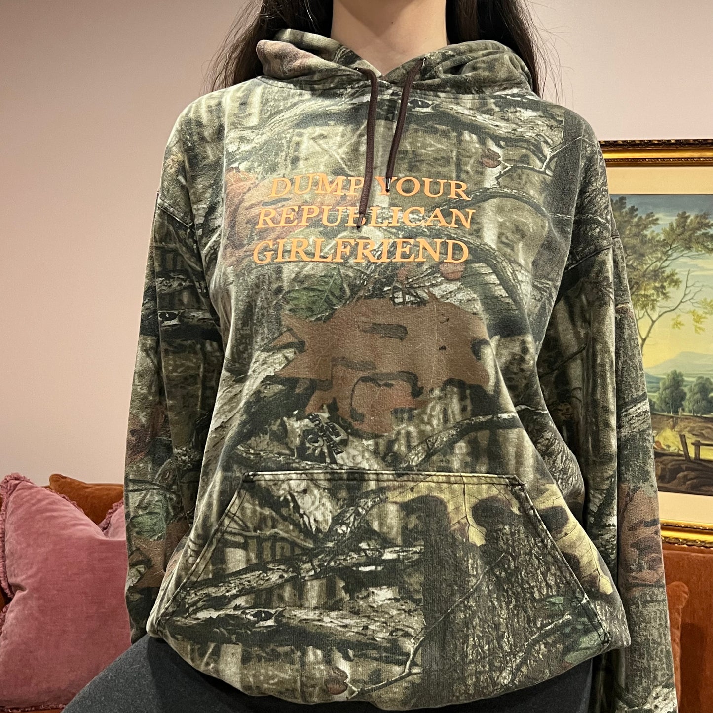 DUMP YOUR REPUBLICAN GIRLFRIEND camo hoodie with orange text (L)