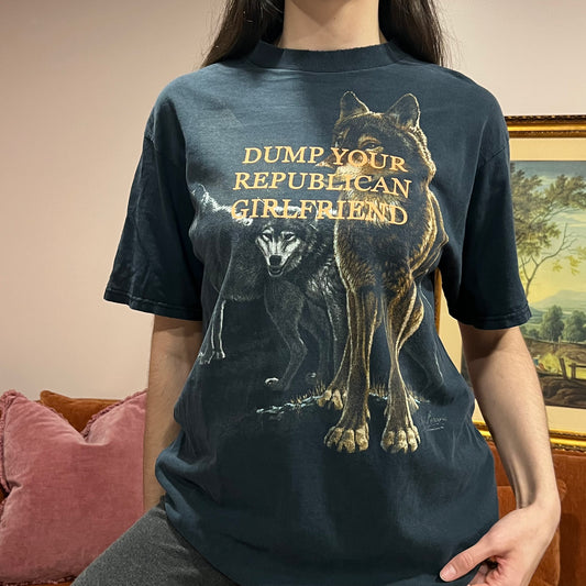 DUMP YOUR REPUBLICAN GIRLFRIEND wolf t-shirt with orange text (XL)