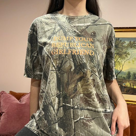 DUMP YOUR REPUBLICAN GIRLFRIEND camo t-shirt with orange text (2XL)